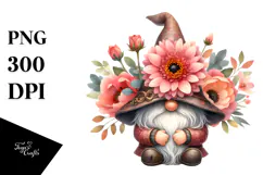Watercolor GNOME with Gerbera Floral Frame PNG Product Image 1