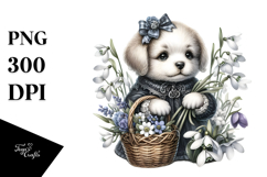 Detailed Watercolor Gothic Puppy Holding Flowers | Clipart Product Image 1