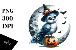 Digital Painting Baby Peacock on Halloween Moon PNG Product Image 1