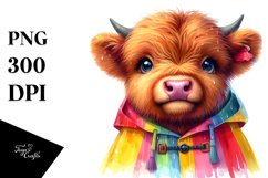 Vibrant Baby Highland Cow in Raincoat | Sublimation Clipart Product Image 1