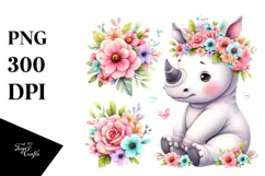 Vibrant Cartoon-Style Rhino Sitting on Flower | Clipart Product Image 1
