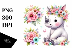 Vibrant Cartoon-Style Rhino Sitting on Flower | Clipart Product Image 1