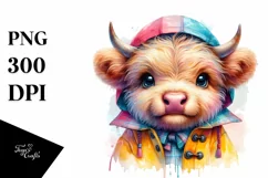 Vibrant Baby Highland Cow in Raincoat | Sublimation Clipart Product Image 1