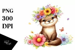 Cartoon Otter with Flower Crown, Colorful Watercolor PNG Product Image 3