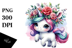 Cute Unicorn with Floral Wreath PNG Product Image 1