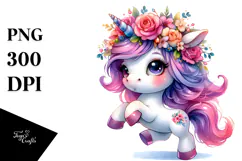 Cute Unicorn with Floral Wreath PNG Product Image 1