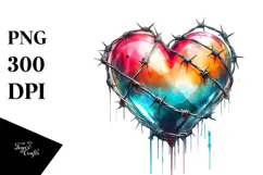 Colorful Heart with Barbwire, Watercolor PNG Product Image 1