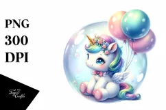 Baby Unicorn in Bubble with Balloons | Clipart Product Image 1