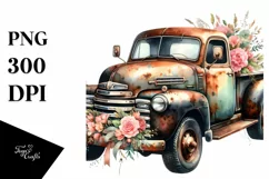 Vintage Rusty Pickup Truck with Flowers | Clipart Product Image 1