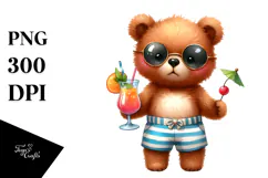Cute Baby Bear Dressed for Beach with Cocktails | Clipart Product Image 1