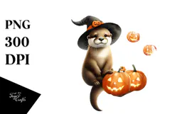 Halloween Otter on Half Moon, Watercolor PNG Product Image 1
