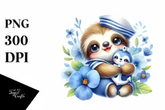 Colorful Cuddling Baby Sloth, Watercolor Product Image 1