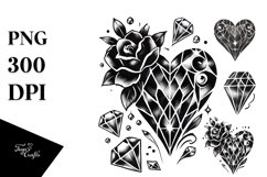 Simple Tattoo Style Heart with Broken Diamonds, PNG Product Image 1
