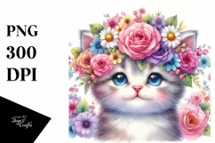 Cartoon Kitten with Flower Crown, Colorful Watercolor PNG Product Image 3