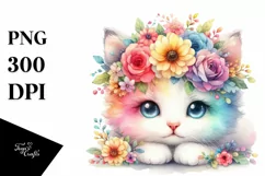 Cartoon Kitten with Flower Crown, Colorful Watercolor PNG Product Image 3