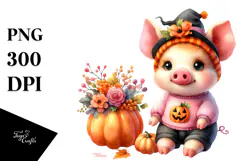 Cute Halloween Pig, Watercolor Clipart Product Image 1