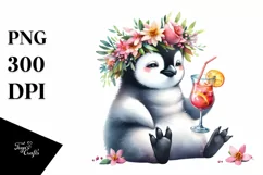 Colorful Watercolor Penguin Wreath Cocktail Young Clipart Product Image 1