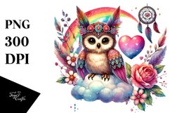 Colorful Boho Owl on Cloud with Heart PNG Product Image 1