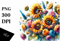Vibrant Watercolor Drawing with Sunflowers PNG Product Image 1