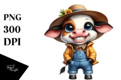 Happy Baby Cow in Farm Jeans and Raincoat | Clipart Product Image 1