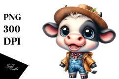 Happy Baby Cow in Farm Jeans and Raincoat | Clipart Product Image 1