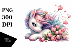 Baby Unicorn Tumbling with Spring Petals | Clipart Product Image 1