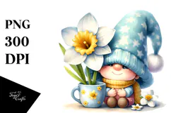 Cute Watercolor Gnome with Big Hat and Narcissus, PNG Product Image 1
