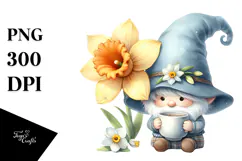 Cute Watercolor Gnome with Big Hat and Narcissus on the Product Image 1