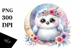 Colorful Baby Snowy Owl under Moon and Flowers | Clipart Product Image 1