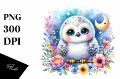 Colorful Baby Snowy Owl under Moon and Flowers | Clipart Product Image 1