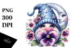 Cute Watercolor Gnome with Big Hat and Pansy on the Moon, Product Image 1