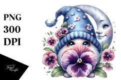 Cute Watercolor Gnome with Big Hat and Pansy on the Moon, Product Image 1