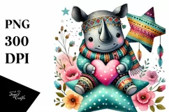 Digital Painting of Cute Boho Rhino, PNG Product Image 1