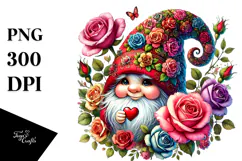 Detailed Valentines Gnome with Heart Adorned by Roses PNG Product Image 1