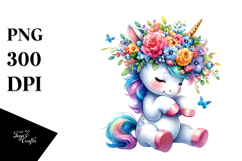 Cute Baby Unicorn with Floral Wreath PNG Product Image 1