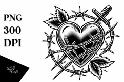 Tattoo Style Heart with and Barbwire, PNG Product Image 1