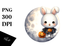 Washed Watercolor Bunny on Halloween Moon PNG Product Image 1