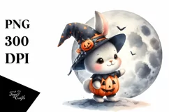 Washed Watercolor Bunny on Halloween Moon PNG Product Image 3