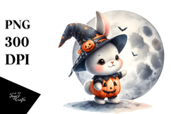 Washed Watercolor Bunny on Halloween Moon PNG Product Image 1