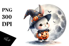Washed Watercolor Bunny on Halloween Moon PNG Product Image 1