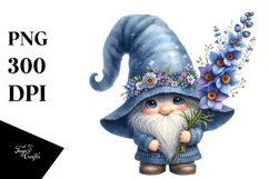 Cute Watercolor Gnome with Big Hat and Delphinium, PNG Product Image 1