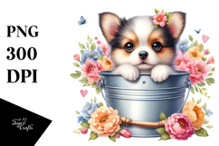 Cute Baby Dog in Wood Bucket PNG Product Image 1