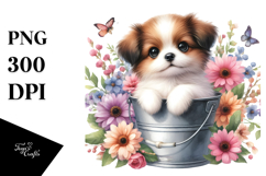 Cute Baby Dog in Wood Bucket PNG Product Image 1