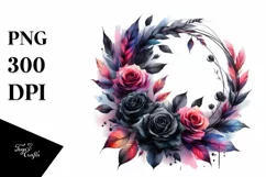 Vibrant Wreath with Black Roses | Sublimation Clipart Product Image 1