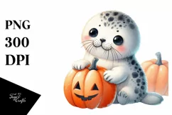 Cute Baby Seal with Pumpkin, PNG Product Image 3