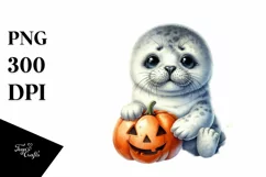 Cute Baby Seal with Pumpkin, PNG Product Image 3