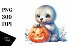 Cute Baby Seal with Pumpkin, PNG Product Image 1