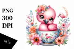 Colorful Baby Flamingo in Tea Cup with Flowers | Clipart Product Image 3