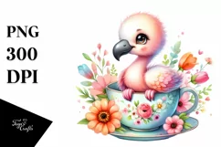 Colorful Baby Flamingo in Tea Cup with Flowers | Clipart Product Image 3