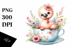 Colorful Baby Flamingo in Tea Cup with Flowers | Clipart Product Image 1